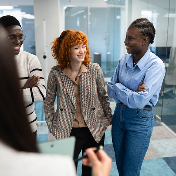 coworkers discussing internal talent development